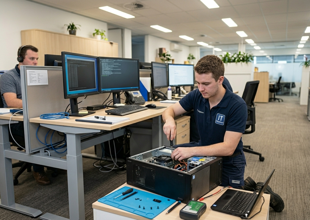 Technician maintaining office PC hardware