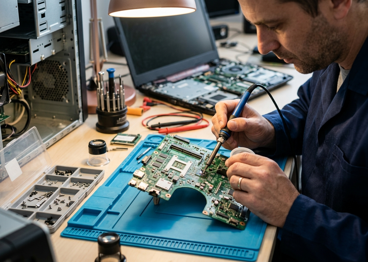 Technician repairing a laptop motherboard